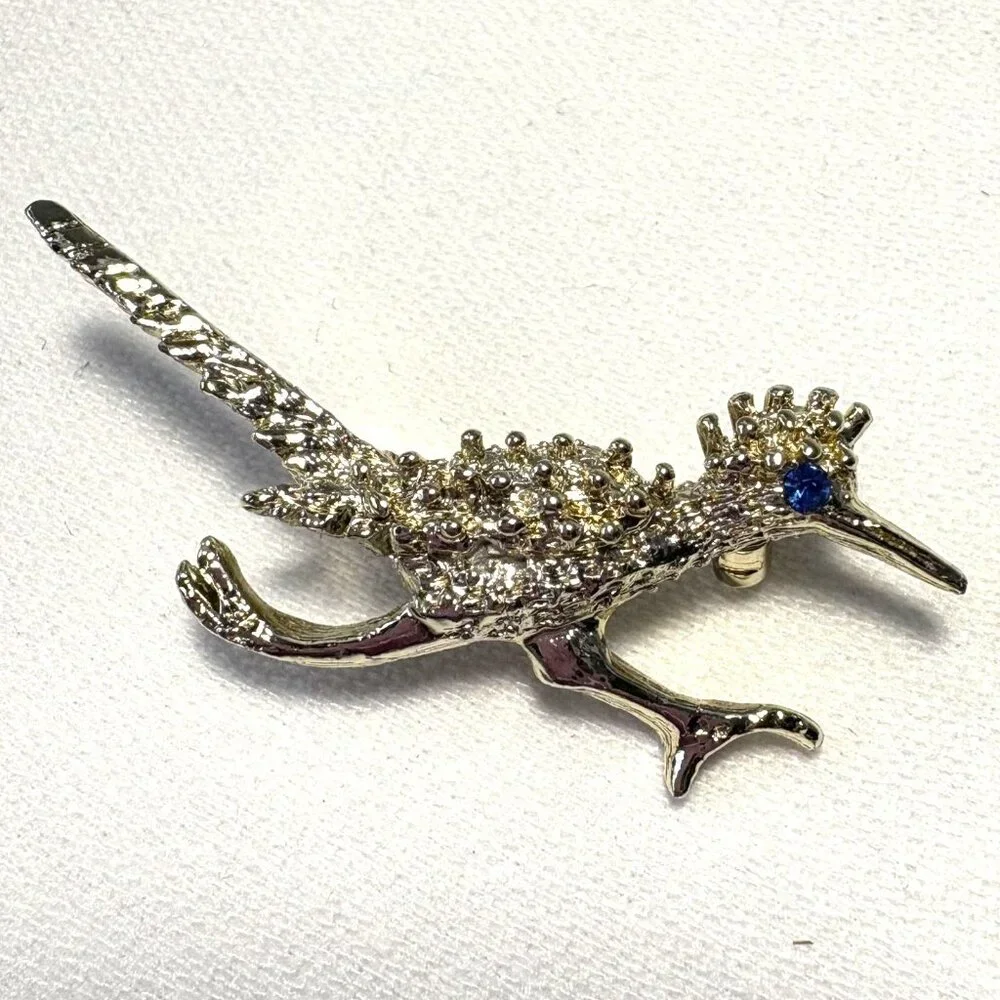 Vintage Silver Tone Roadrunner Bird Brooch Pin Sapphire‎ Blue Rhinestone Eye